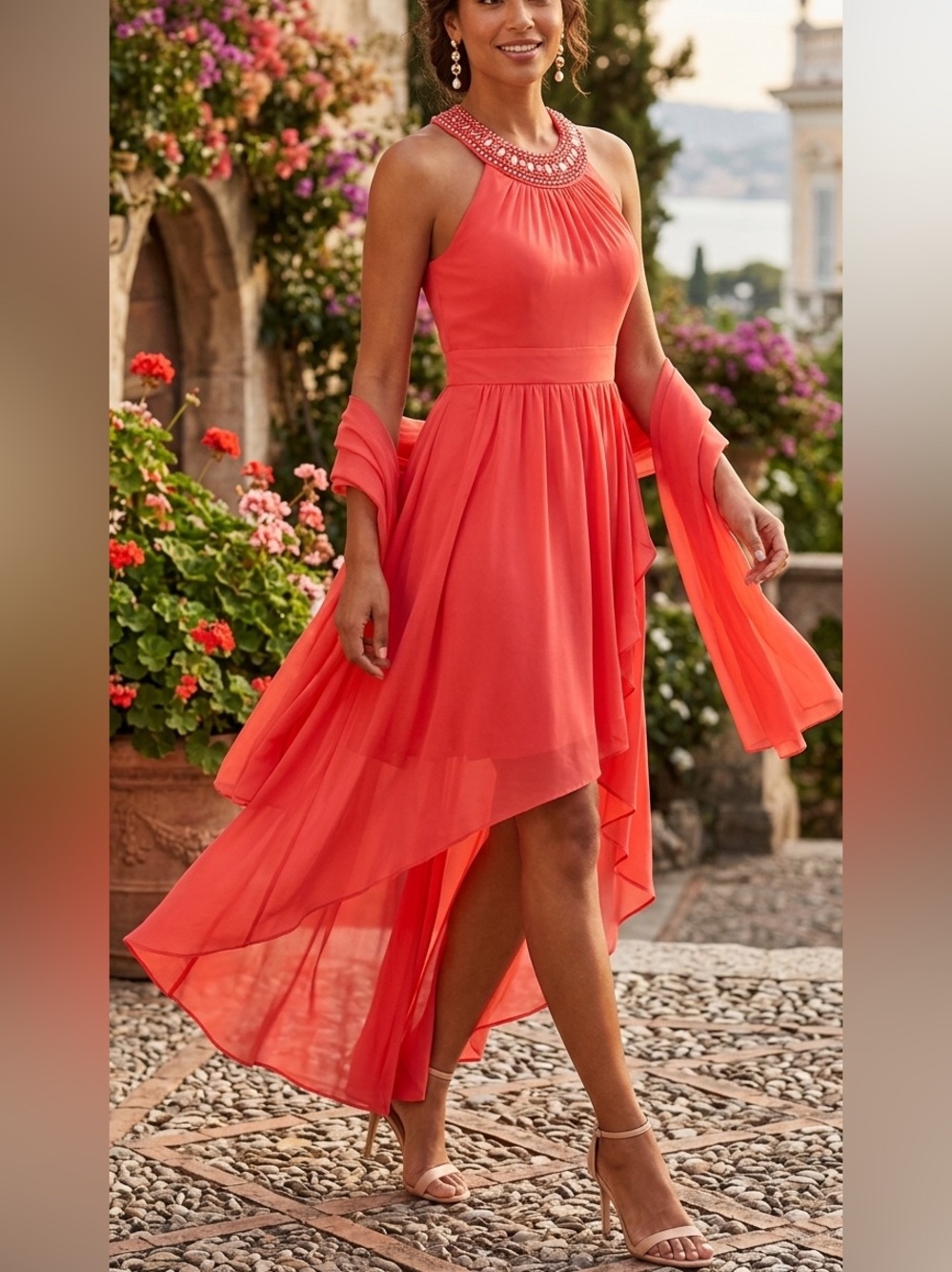 NWT Cindy Collection Coral Beaded High Low Formal Dress Scarf S